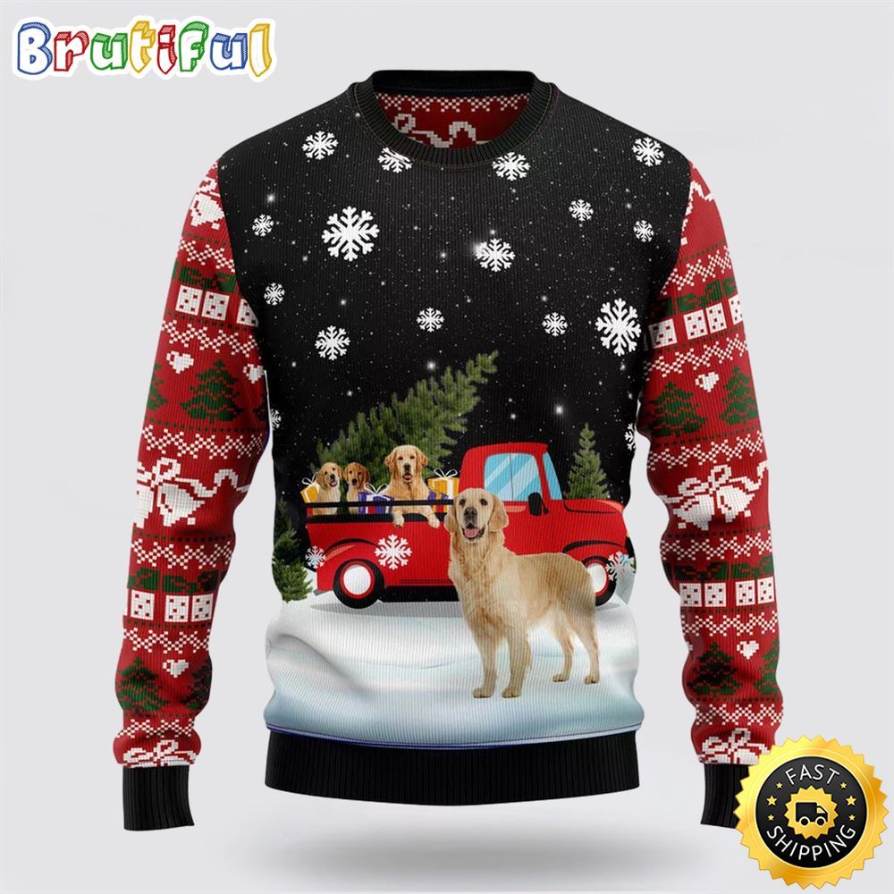 Golden Retriever Red Truck Ugly Christmas Sweater Show Your Love For Your Furry Friend 1 fvwpp9
