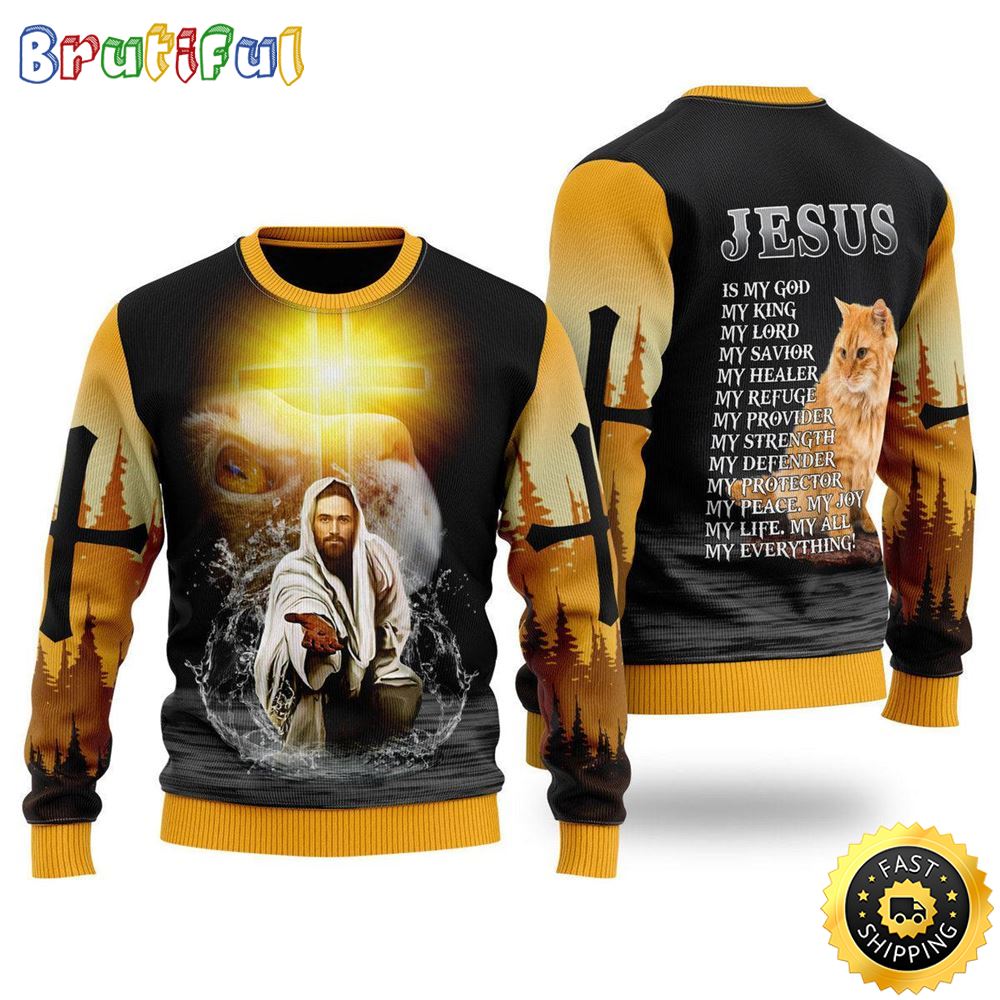 Jesus And Cat My Everything Ugly Christmas Sweater Gifts For Christian Families 1 ynupoz