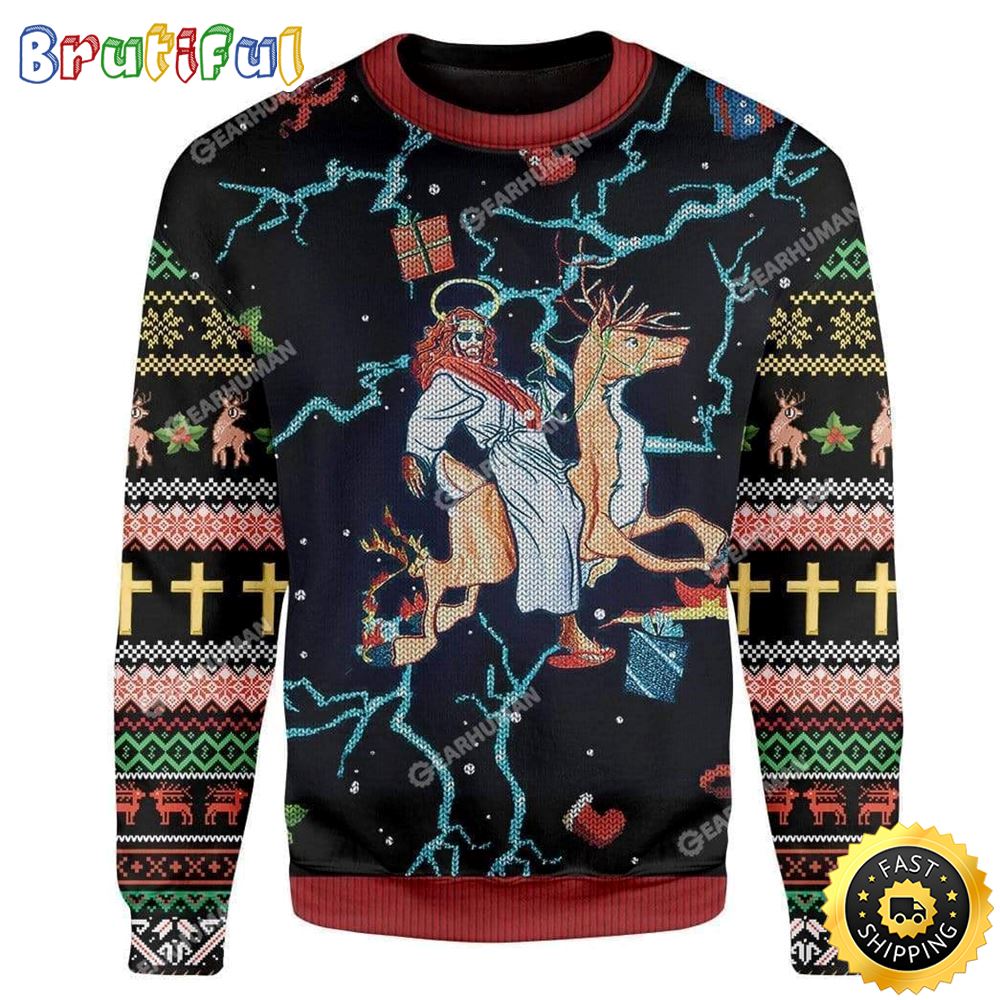 Jesus Riding Reindeer Black Christmas Ugly Christmas Sweater Gifts For Christian Families 1 aun7sf