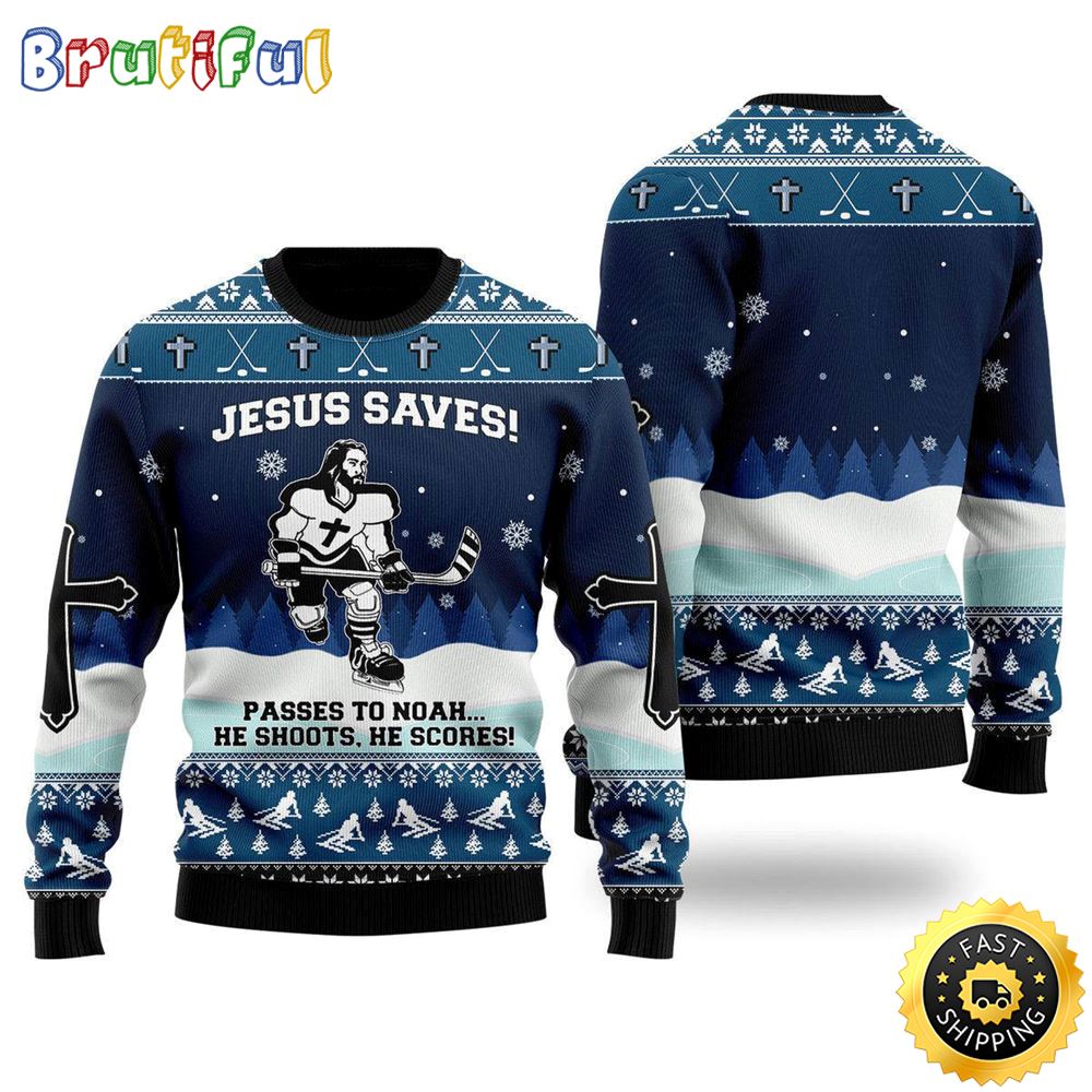 Jesus Saves Hockey Ugly Christmas Sweater Gifts For Christian Families 1 vn5fgl