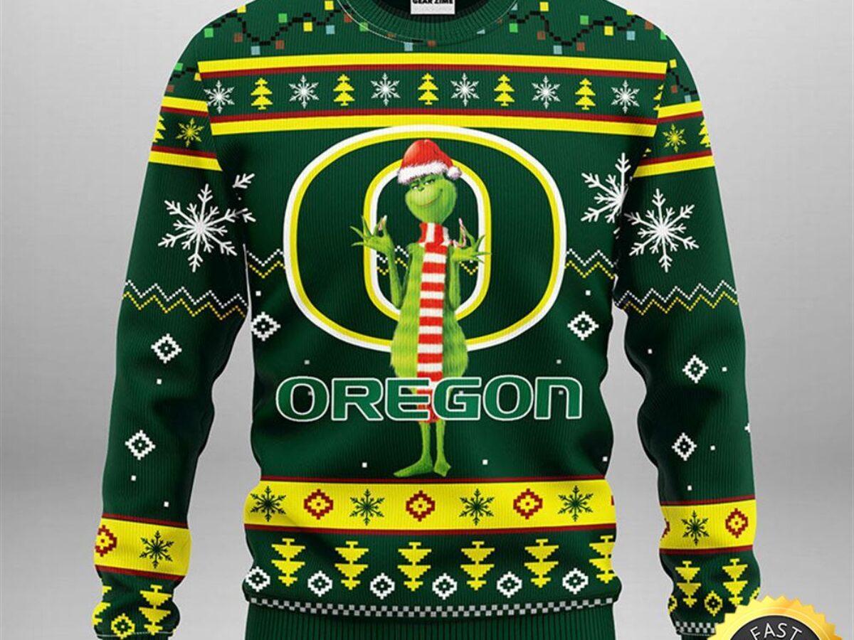 NCAA Oregon Ducks Christmas Ugly Sweater Print Funny Grinch 