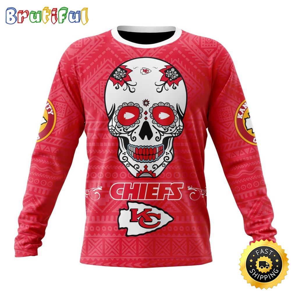NFL Kansas City Chiefs Crewneck Sweatshirt Specialized Kits For Dia De Muertos Show Your Team Spirit 1