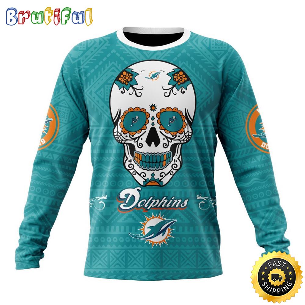 NFL Miami Dolphins Crewneck Sweatshirt Specialized Kits For Dia De Muertos Show Your Team Spirit 1