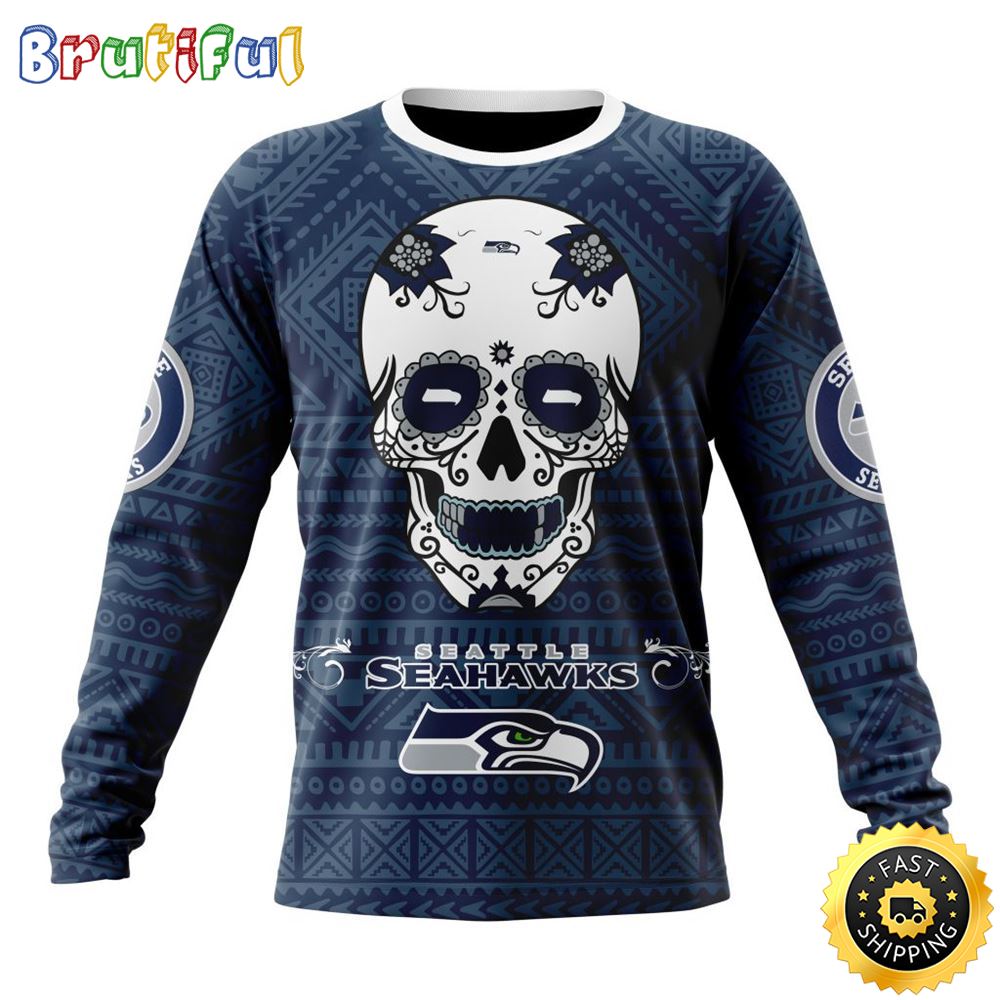NFL Seattle Seahawks Crewneck Sweatshirt Specialized Kits For Dia De Muertos Show Your Team Spirit 1