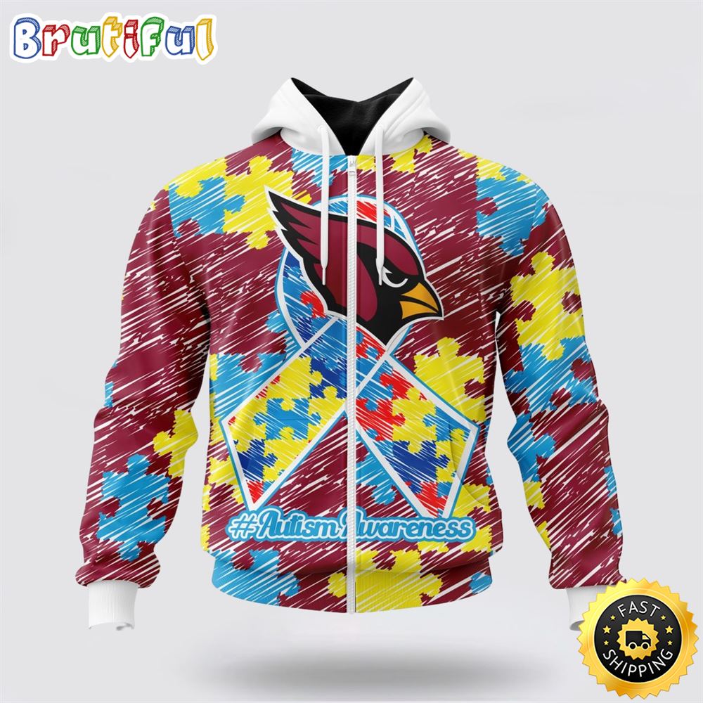 NFL Arizona Cardinals All Over Print Zip Hoodie 3D Puzzle Autism Awareness Unisex Zip Hoodie 1 qnwh0w