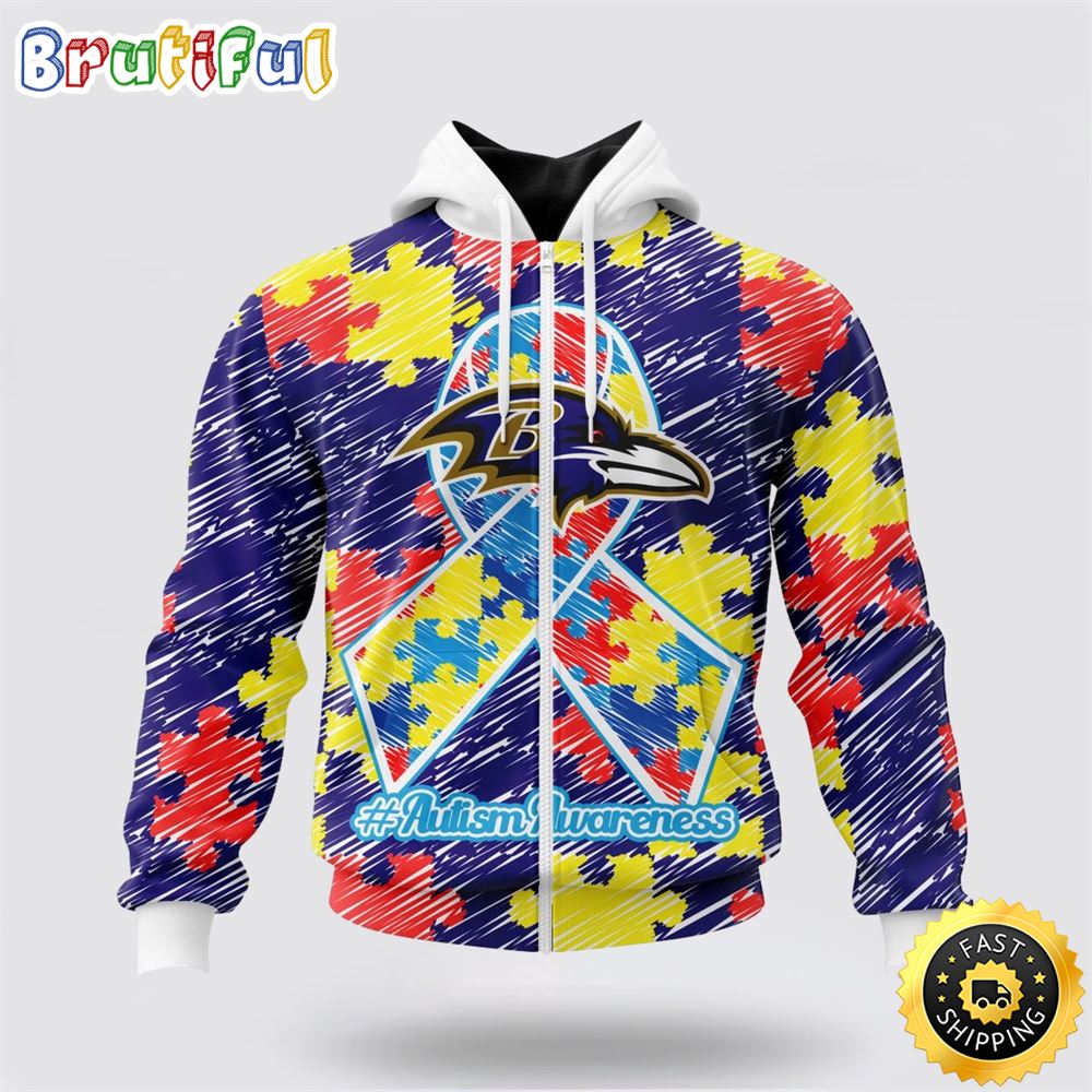 NFL Baltimore Ravens All Over Print Zip Hoodie 3D Puzzle Autism Awareness Unisex Zip Hoodie 1 cbcvof