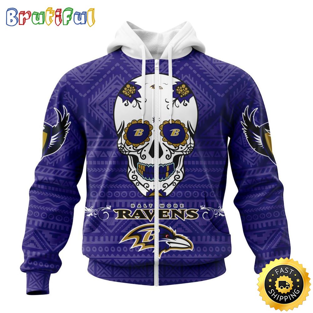 NFL Baltimore Ravens All Over Print Zip Hoodie 3D Specialized Kits For Dia De Muertos Show Your Team Spirit 1 jzzvv2