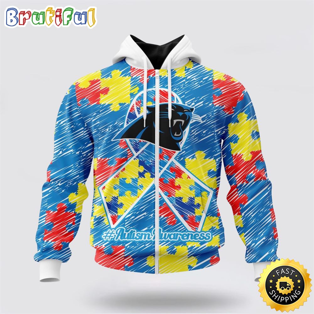 NFL Carolina Panthers All Over Print Zip Hoodie 3D Puzzle Autism Awareness Unisex Zip Hoodie 1 eza91a