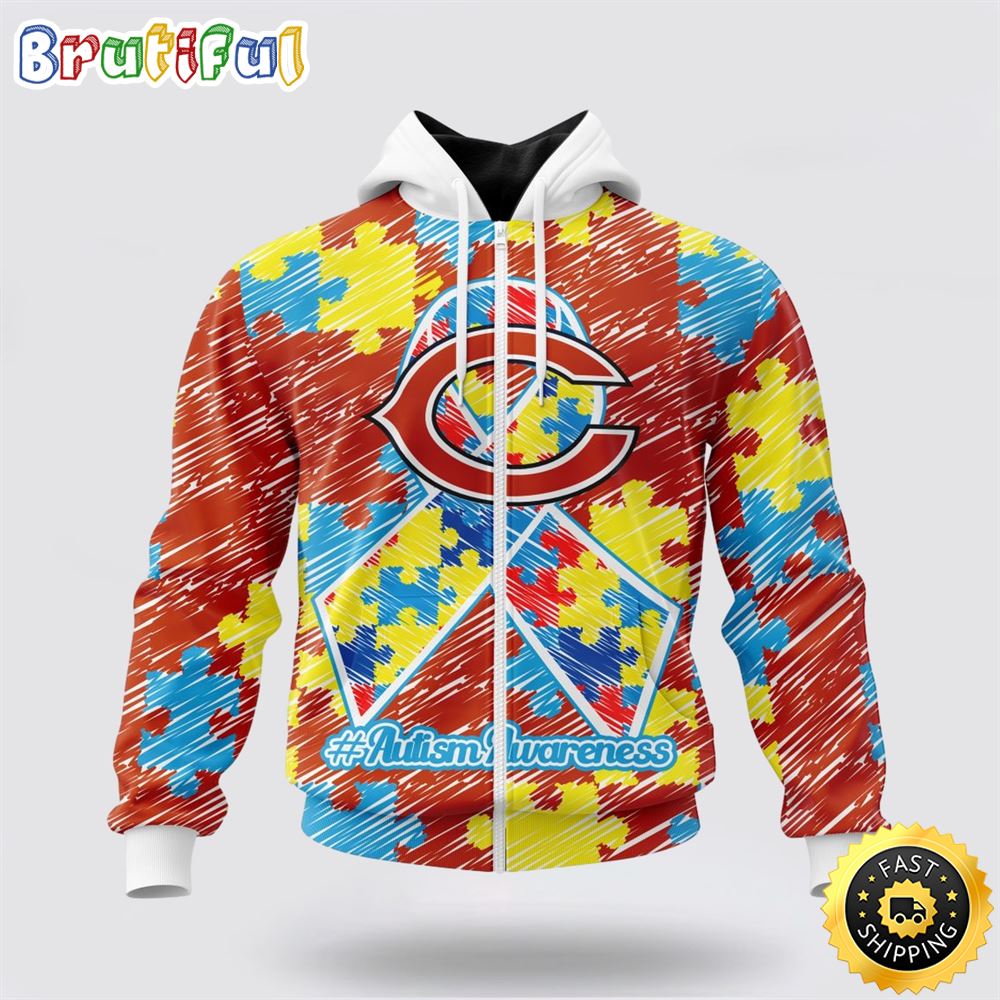 NFL Chicago Bears All Over Print Zip Hoodie 3D Puzzle Autism Awareness Unisex Zip Hoodie 1 pkfkhd