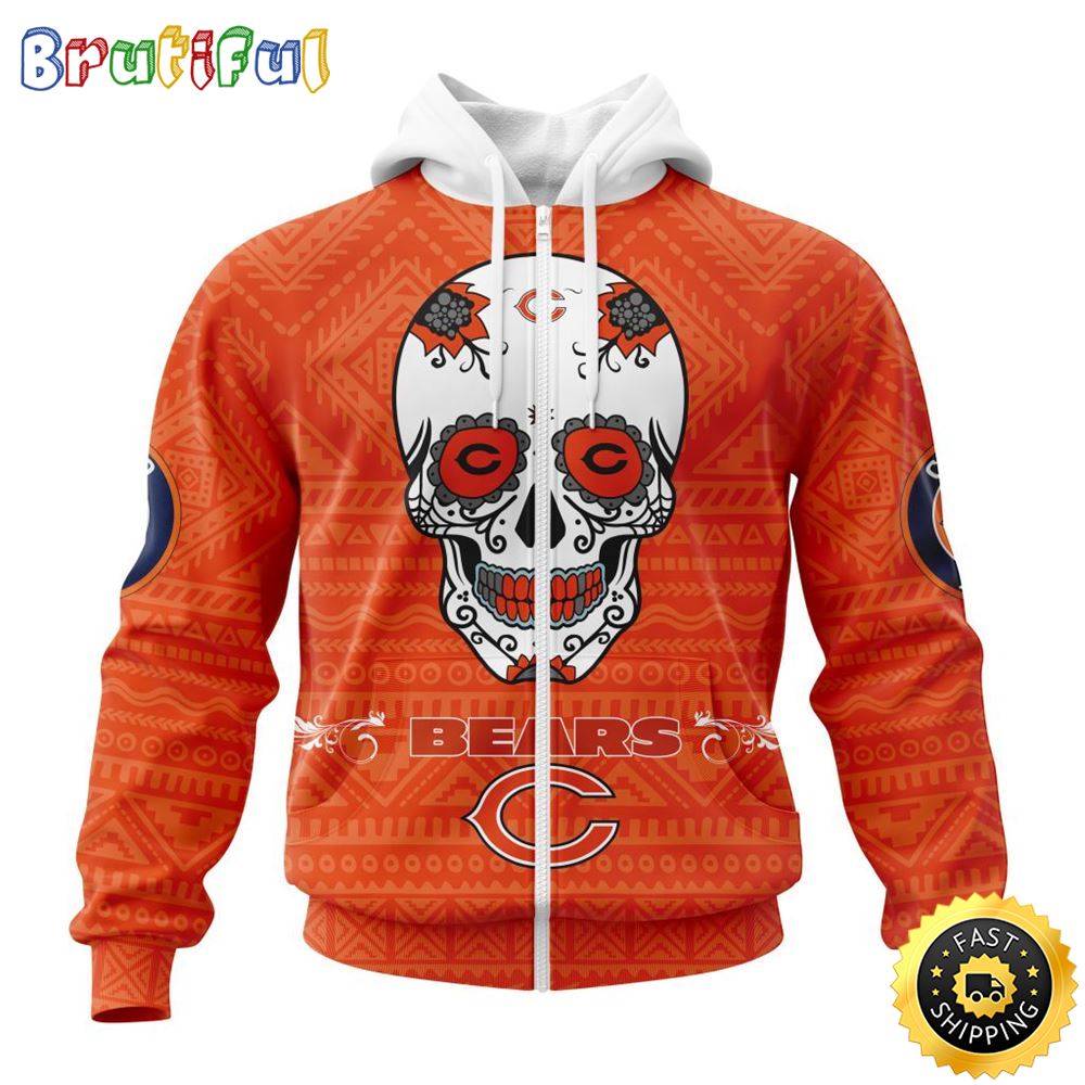 NFL Chicago Bears All Over Print Zip Hoodie 3D Specialized Kits For Dia De Muertos Show Your Team Spirit 1 zxaedr