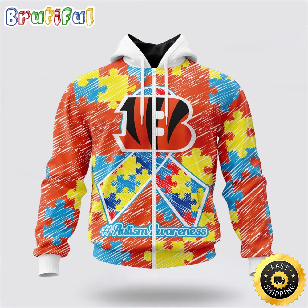 NFL Cincinnati Bengals All Over Print Zip Hoodie 3D Puzzle Autism Awareness Unisex Zip Hoodie 1 et9vs6