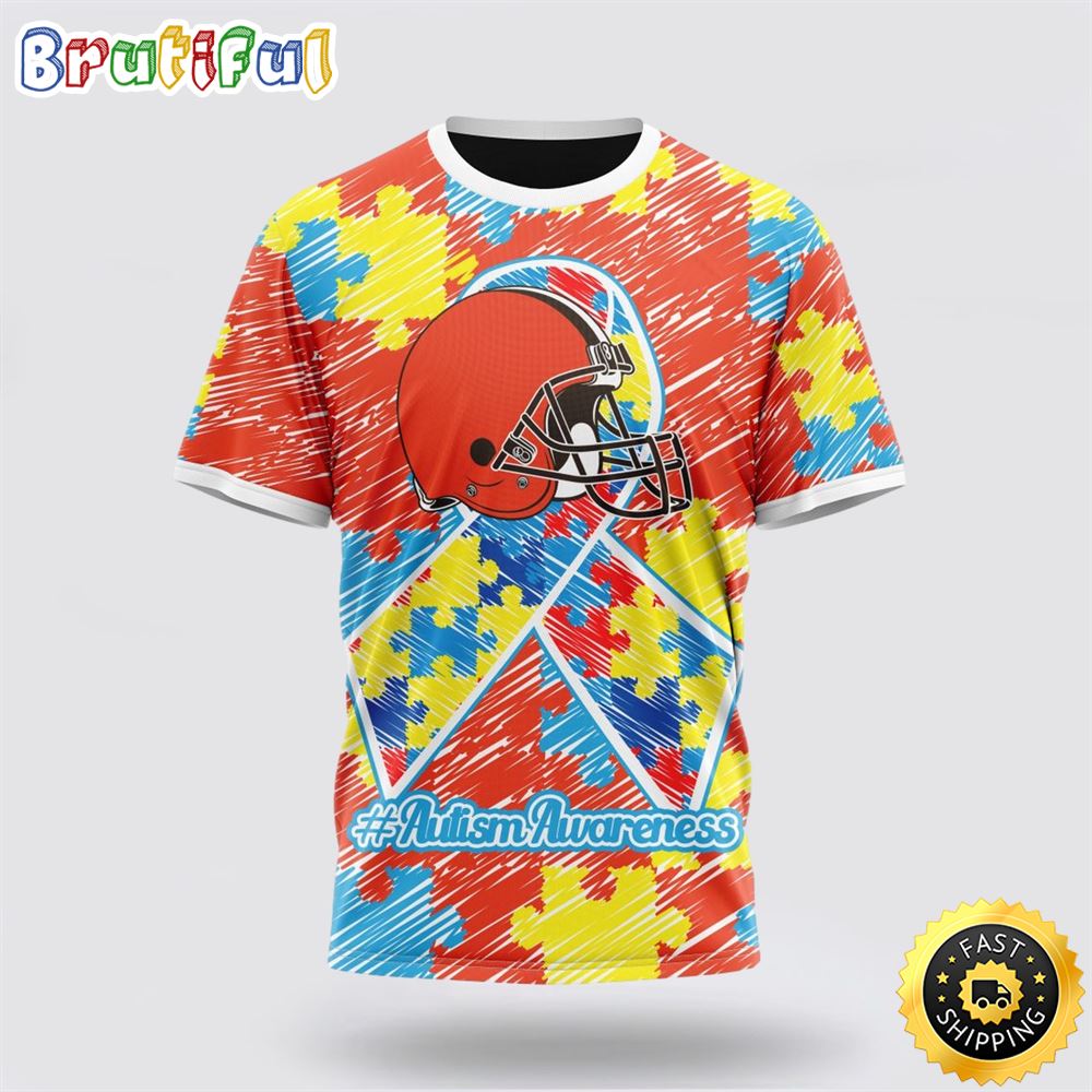 NFL Cleveland Browns All Over Print 3D T Shirt Puzzle Autism Awareness Unisex T Shirt 1 wz5c8p