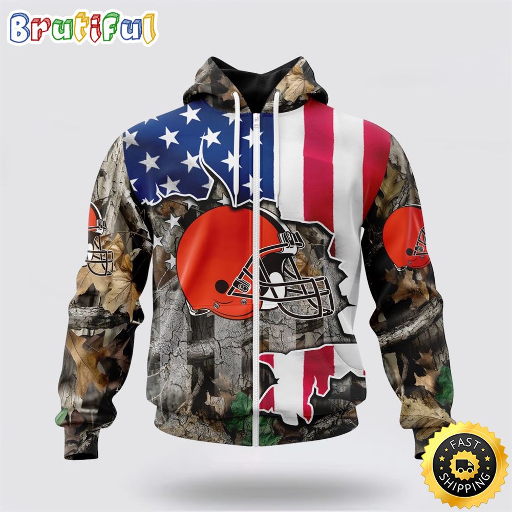 NFL Cleveland Browns All Over Print Zip Hoodie 3D USA Flag Camo Realtree Hunting Unisex Hoodie 1 ilngoz