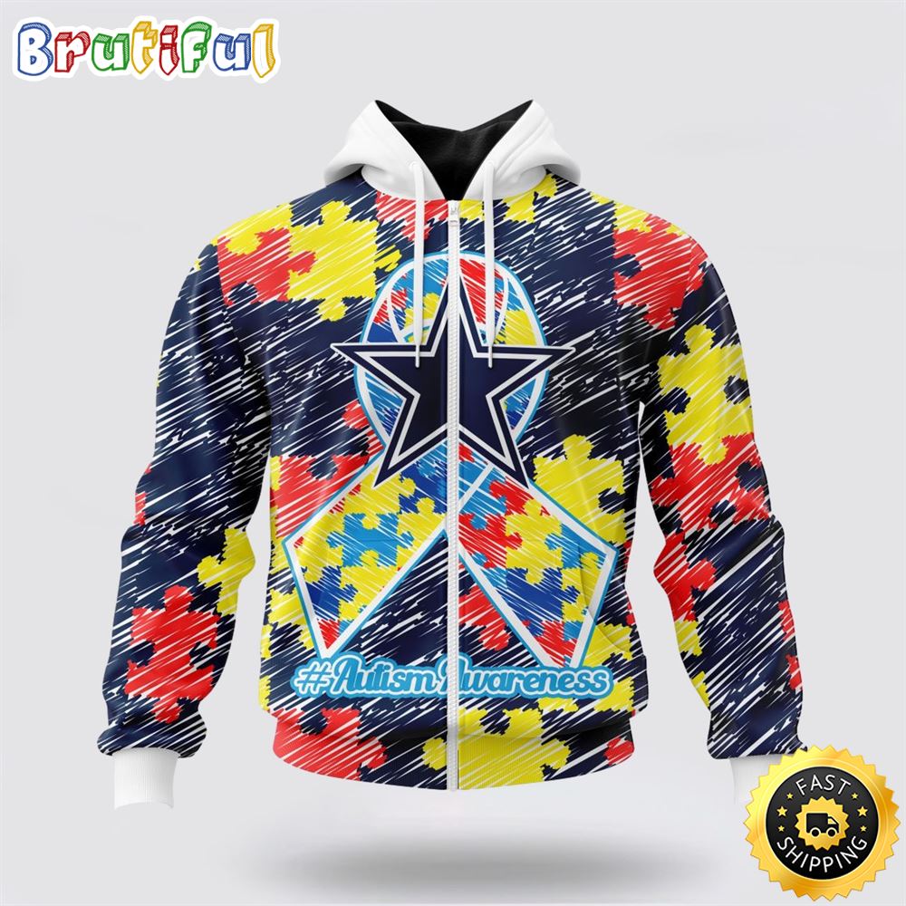 NFL Dallas Cowboys All Over Print Zip Hoodie 3D Puzzle Autism Awareness Unisex Zip Hoodie 1 pzsmmp
