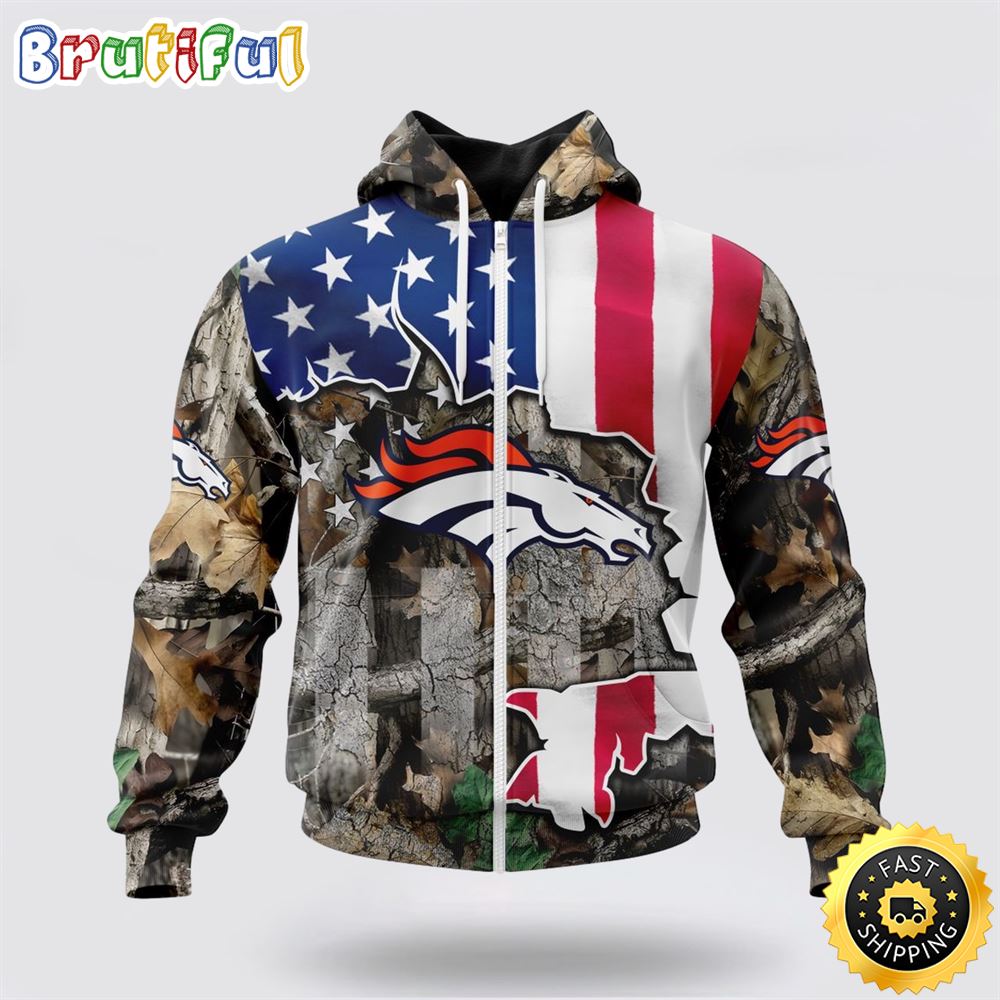 NFL Denver Broncos All Over Print Zip Hoodie 3D USA Flag Camo Realtree Hunting Unisex Hoodie 1 ys59aj