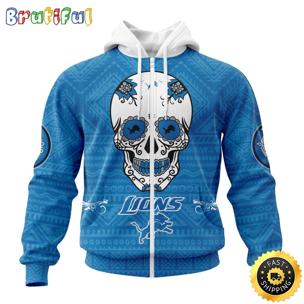 NFL Detroit Lions All Over Print Zip Hoodie 3D Specialized Kits For Dia De Muertos Show Your Team Spirit 1 xd4gc8
