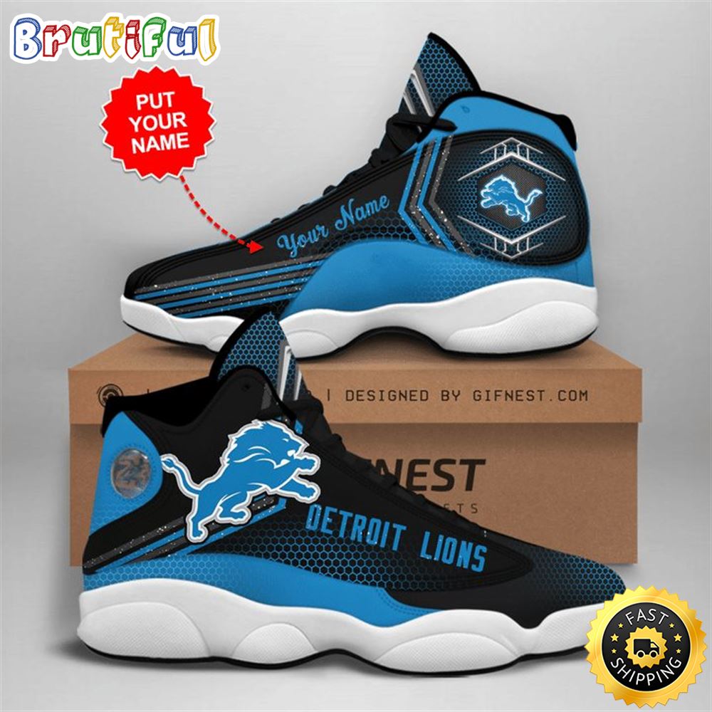 NFL Detroit Lions Custom Name Black Blue Air Jordan 13 Shoes hbmqov