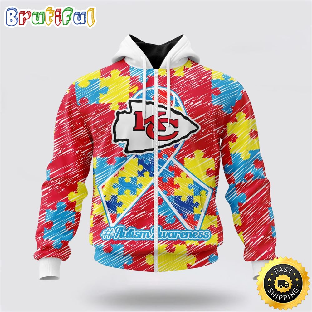 NFL Kansas City Chiefs All Over Print Zip Hoodie 3D Puzzle Autism Awareness Unisex Zip Hoodie 1 odn1ny