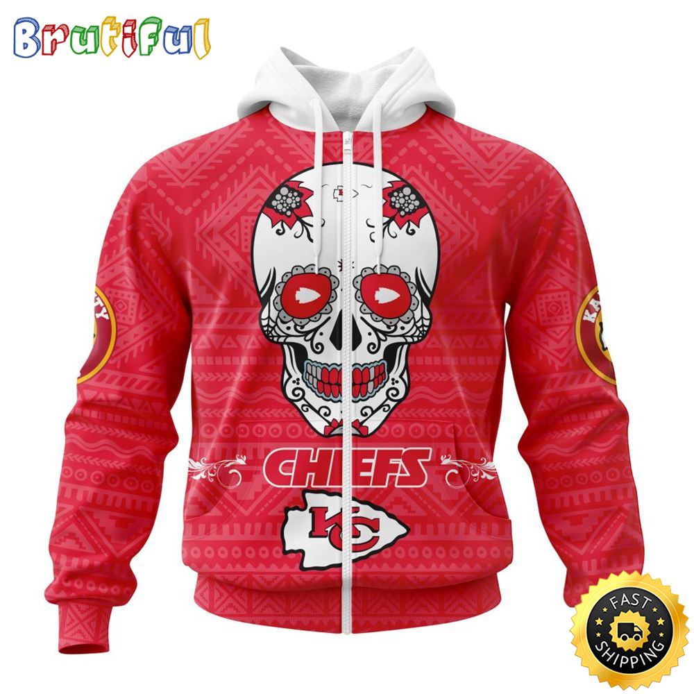 NFL Kansas City Chiefs All Over Print Zip Hoodie 3D Specialized Kits For Dia De Muertos Show Your Team Spirit 1 axyxsu