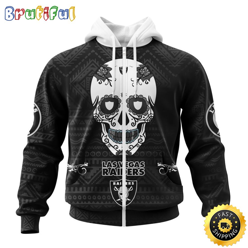 NFL Las Vegas Raiders All Over Print Zip Hoodie 3D Specialized Kits For Dia De Muertos Show Your Team Spirit 1 rocpvc