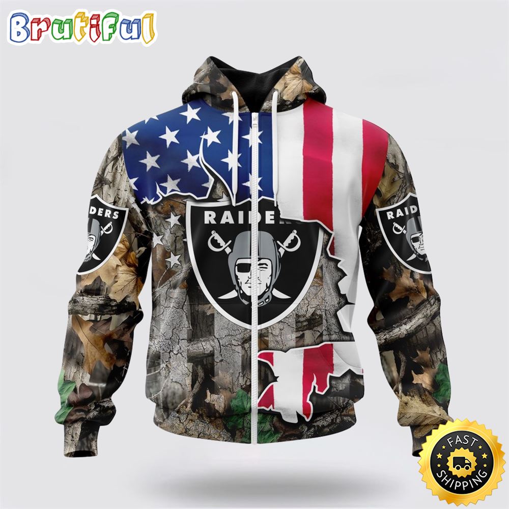 NFL Las Vegas Raiders All Over Print Zip Hoodie 3D USA Flag Camo Realtree Hunting Unisex Hoodie 1 uyntnq