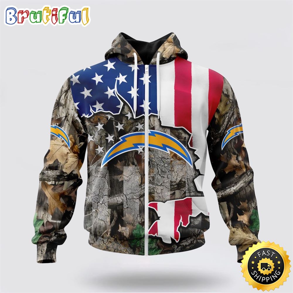 NFL Los Angeles Chargers All Over Print Zip Hoodie 3D USA Flag Camo Realtree Hunting Unisex Hoodie 1 ooum8h