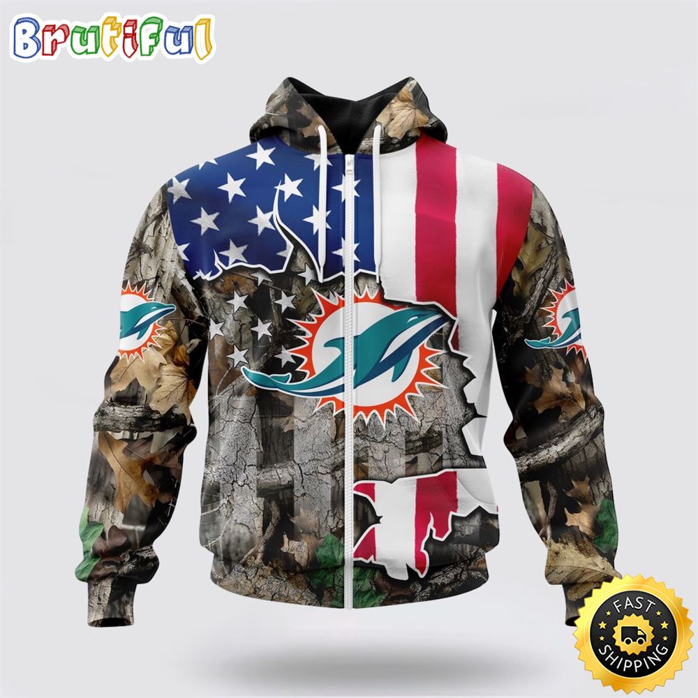 NFL Miami Dolphins All Over Print Zip Hoodie 3D USA Flag Camo Realtree Hunting Unisex Hoodie 1 cr37in