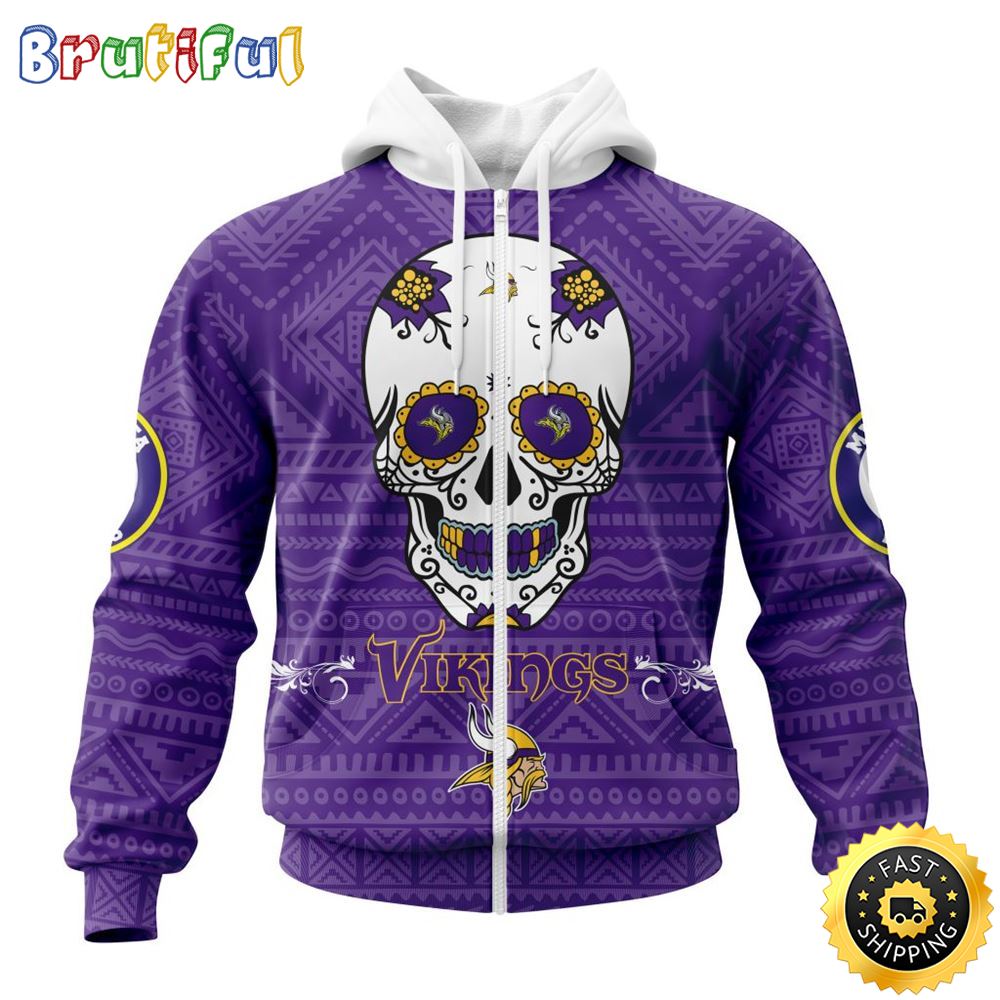 NFL Minnesota Vikings All Over Print Zip Hoodie 3D Specialized Kits For Dia De Muertos Show Your Team Spirit 1 ujjv3z