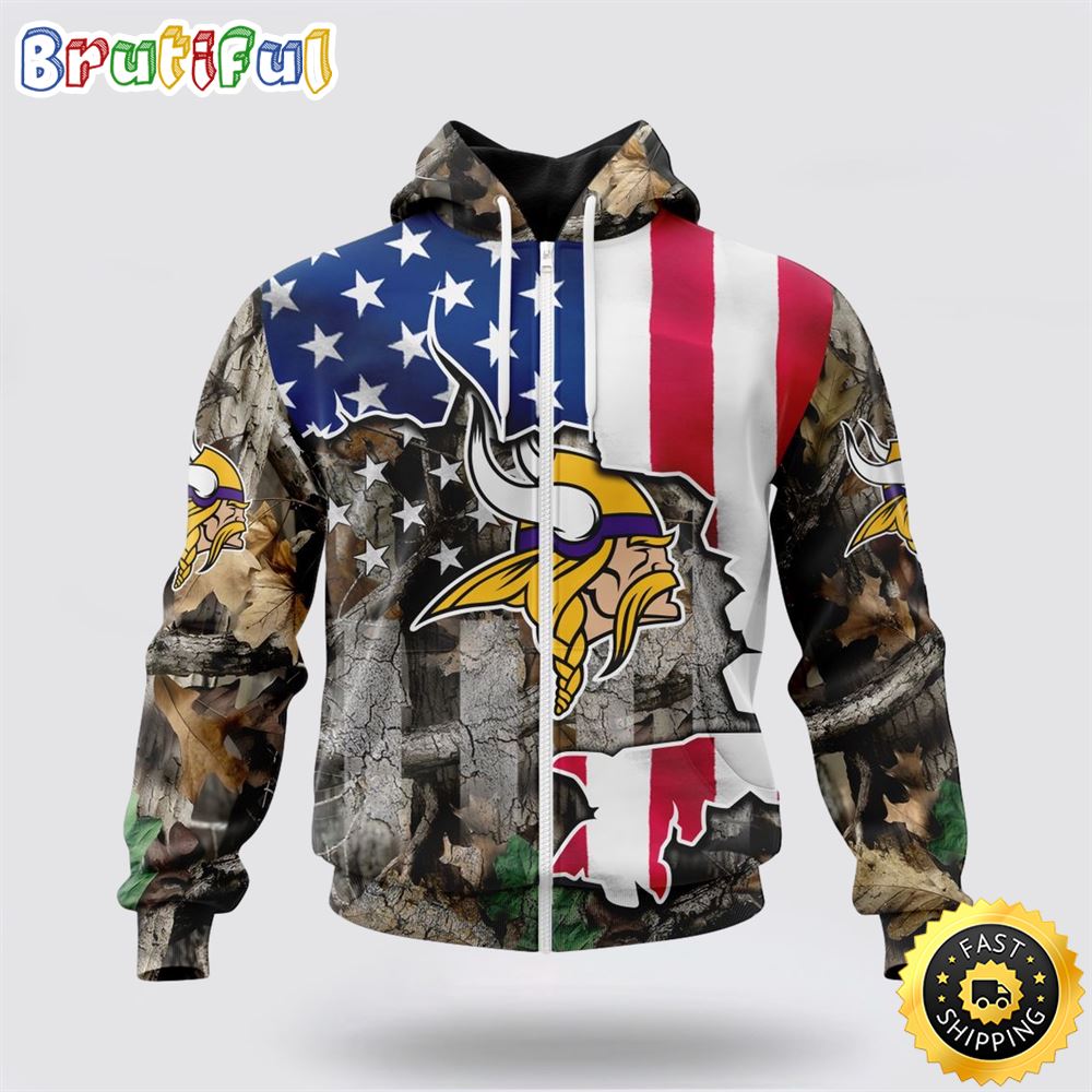 NFL Minnesota Vikings All Over Print Zip Hoodie 3D USA Flag Camo Realtree Hunting Unisex Hoodie 1 ewszkz