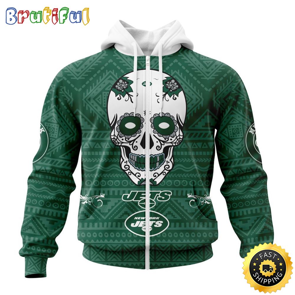 NFL New York Jets All Over Print Zip Hoodie 3D Specialized Kits For Dia De Muertos Show Your Team Spirit 1 mqw53l