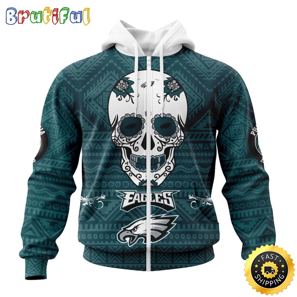NFL Philadelphia Eagles All Over Print Zip Hoodie 3D Specialized Kits For Dia De Muertos Show Your Team Spirit 1 btoljk