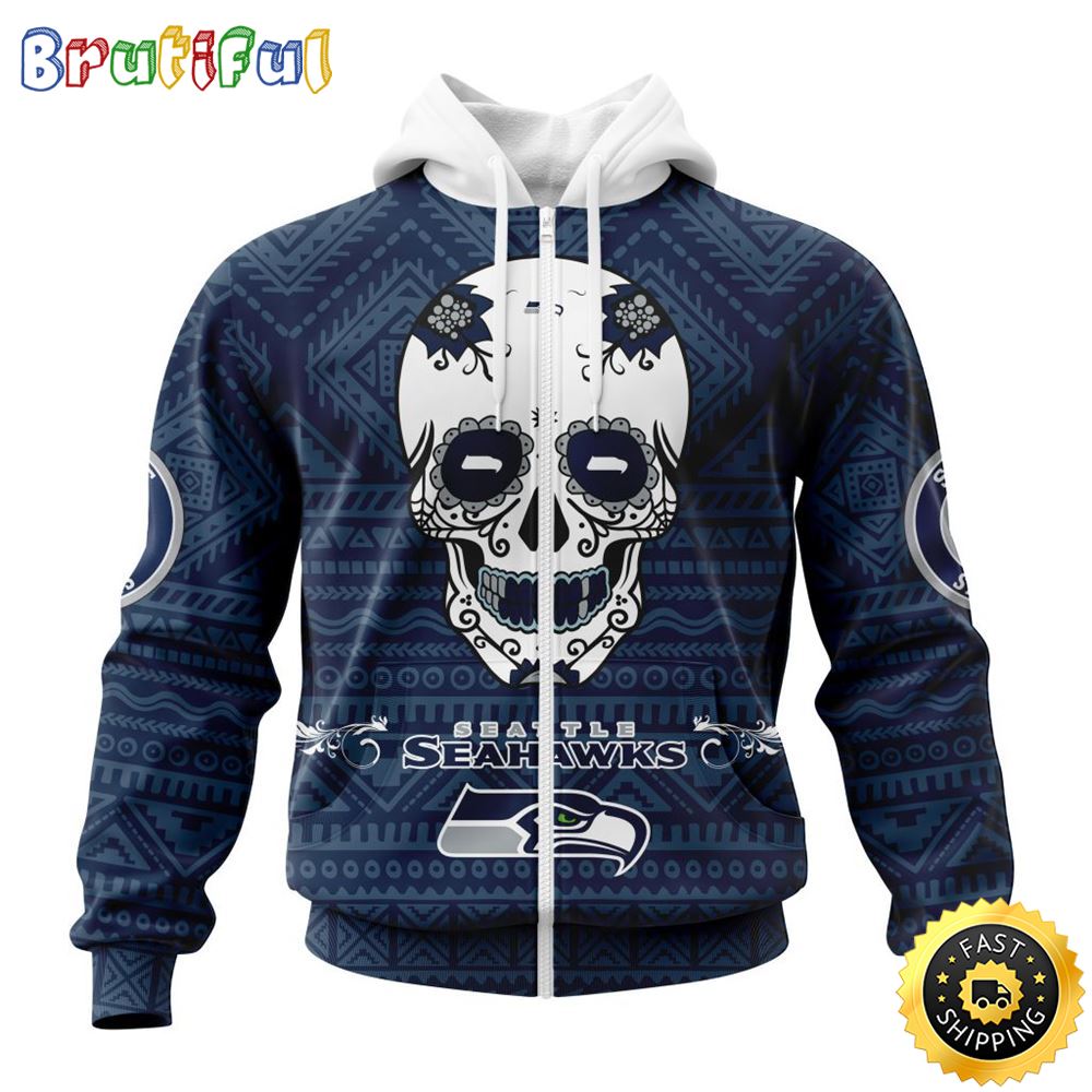 NFL Seattle Seahawks All Over Print Zip Hoodie 3D Specialized Kits For Dia De Muertos Show Your Team Spirit 1 gtjxbx