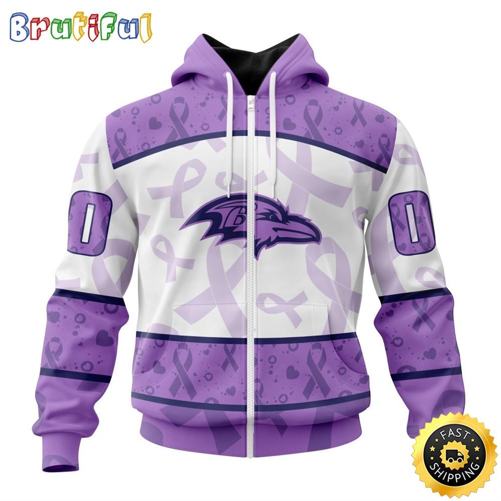 Personalized NFL Baltimore Ravens All Over Print Zip Hoodie 3D Special Lavender Fights Cancer Unisex Tshirt 1 lnbgzh