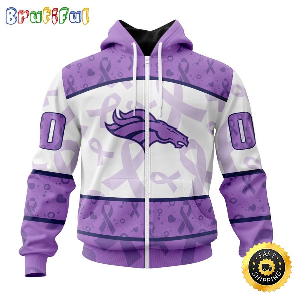 Personalized NFL Denver Broncos All Over Print Zip Hoodie 3D Special Lavender Fights Cancer Unisex Tshirt 1 xnmrkb