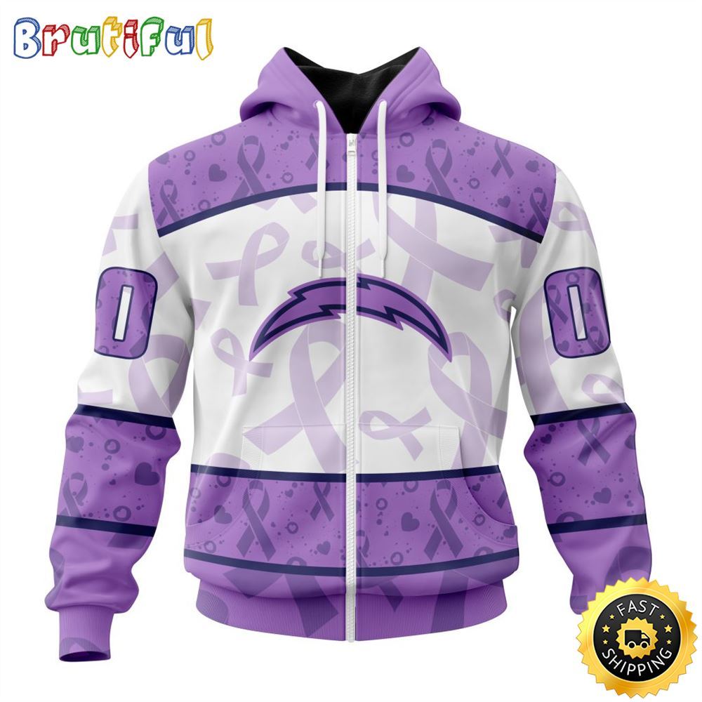 Personalized NFL Los Angeles Chargers All Over Print Zip Hoodie 3D Special Lavender Fights Cancer Unisex Tshirt 1 nvht6a