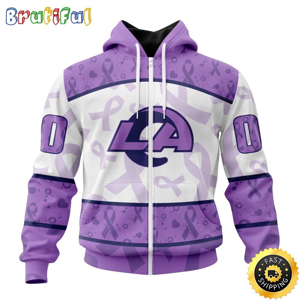 Personalized NFL Los Angeles Rams All Over Print Zip Hoodie 3D Special Lavender Fights Cancer Unisex Tshirt 1 fwu5vt