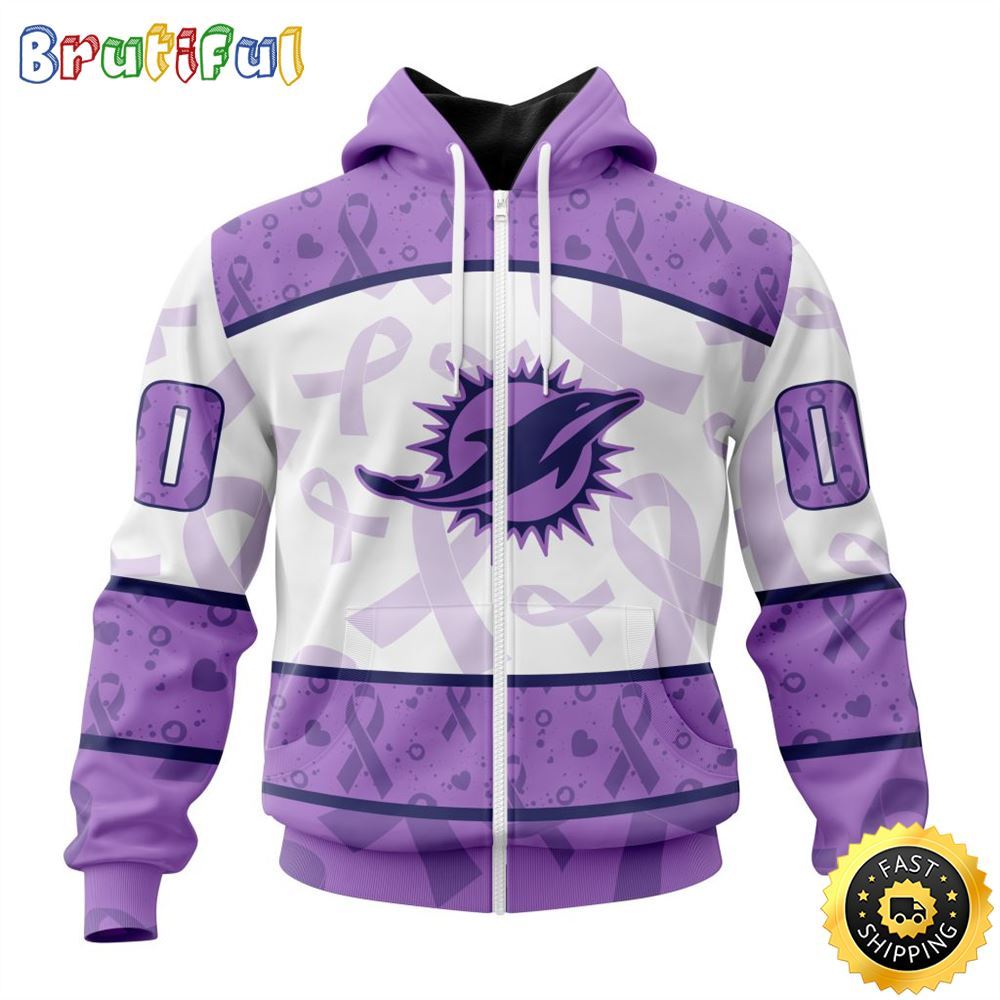 Personalized NFL Miami Dolphins All Over Print Zip Hoodie 3D Special Lavender Fights Cancer Unisex Tshirt 1 id9aar