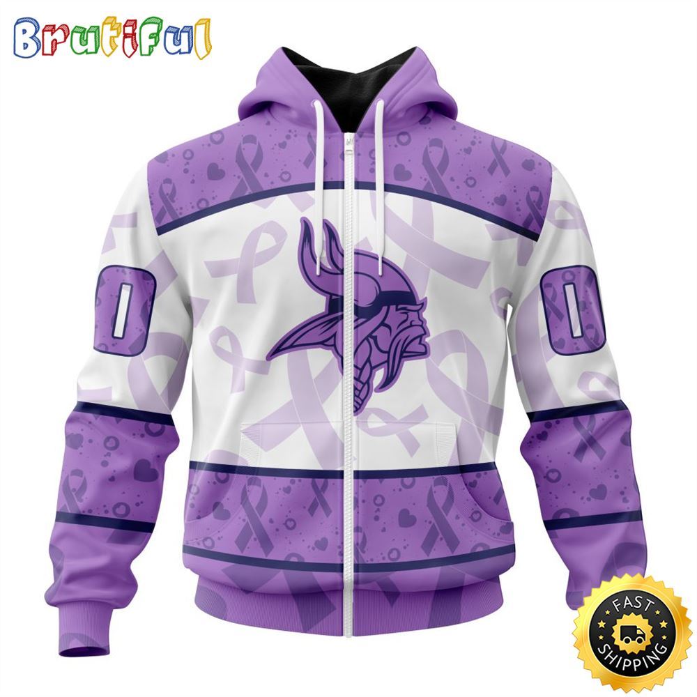 Personalized NFL Minnesota Vikings All Over Print Zip Hoodie 3D Special Lavender Fights Cancer Unisex Tshirt 1 qw3s1l