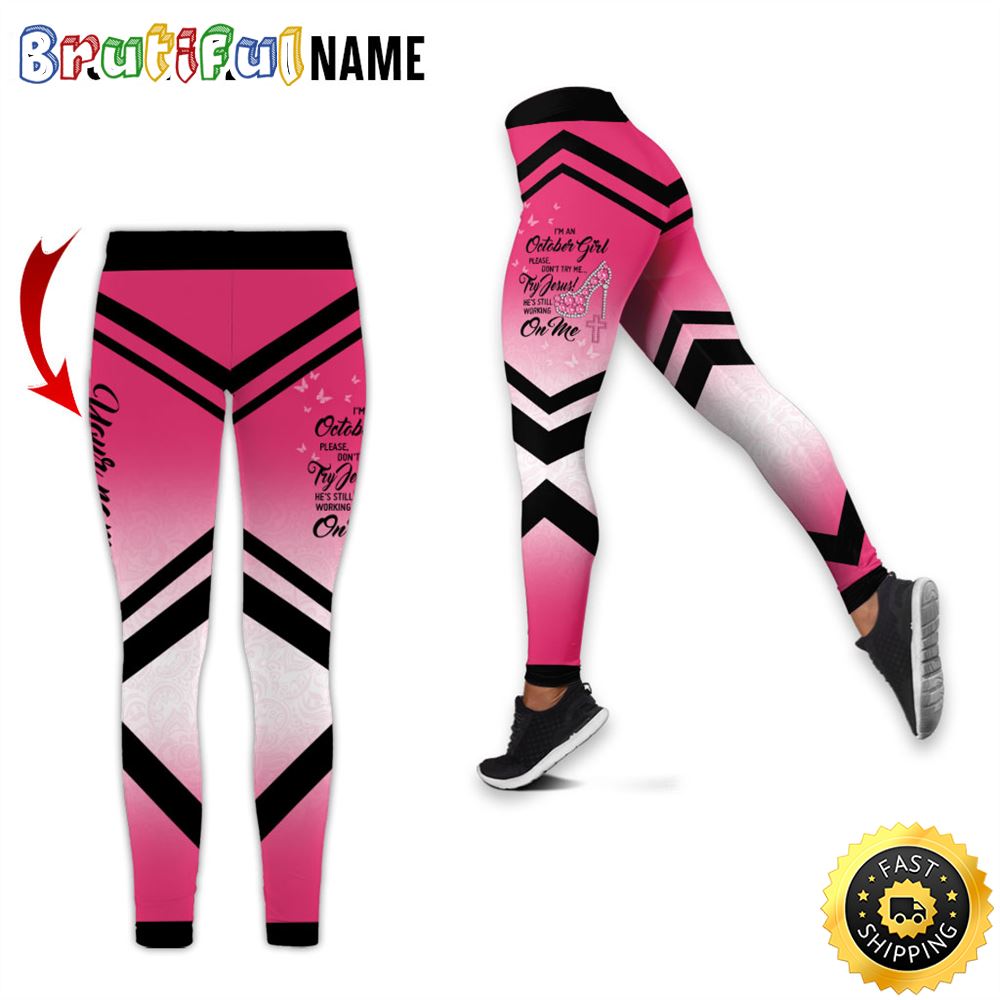 Personalized Pink October Girl A Queen All Over Print 3D Legging Was Born In October Jesus Gift For Women 1 q6moke