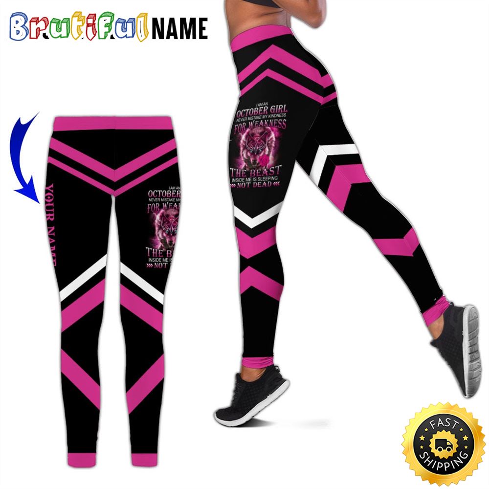 Personalized Pink October Wolf Girl All Over Print 3D Legging The Beast Is Sleeping Gift For Women 1 i0pdxc
