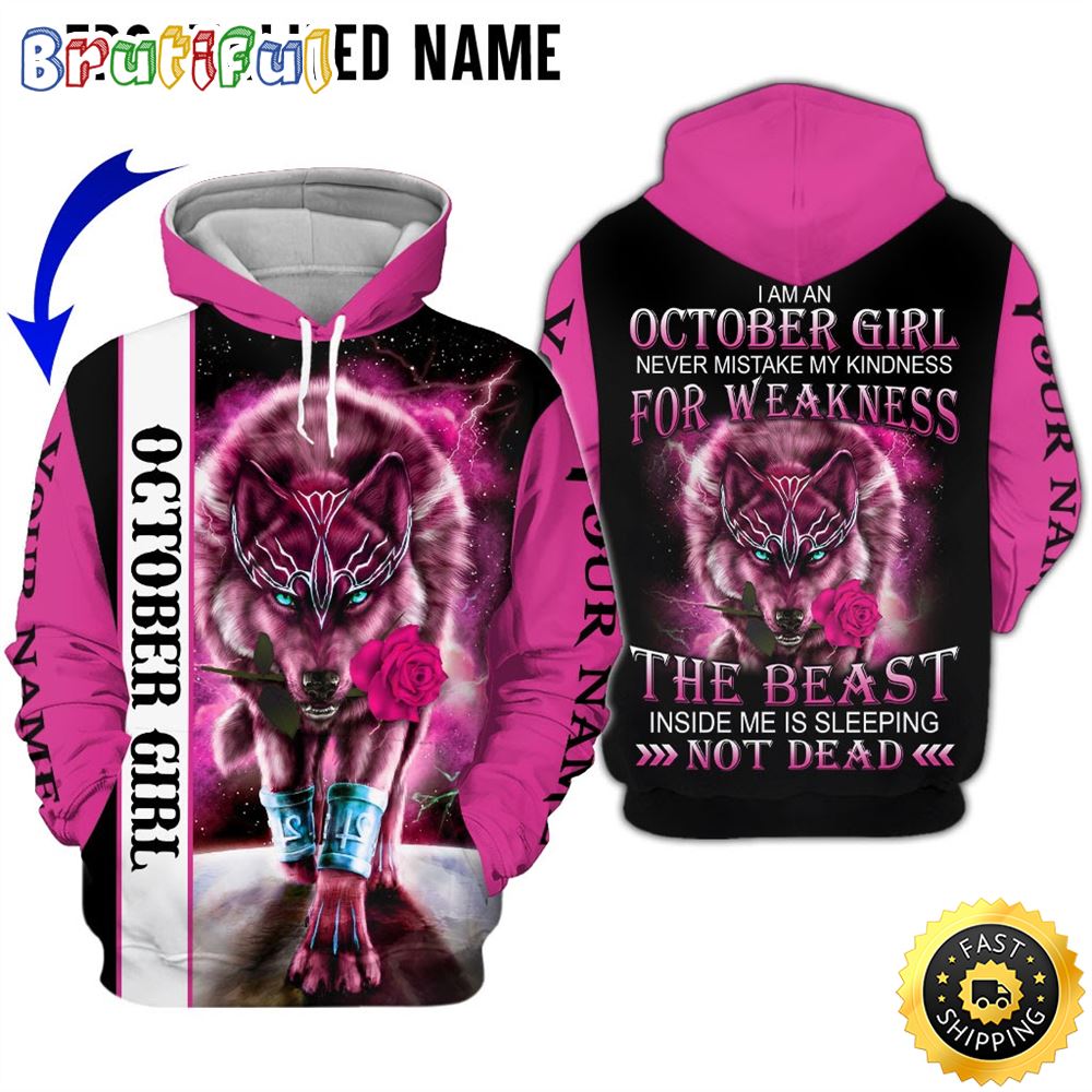 Personalized Pink October Wolf Girl The Beast Is Sleeping All Over Print 3D Hoodie Gift For Women 1 mlzkjk