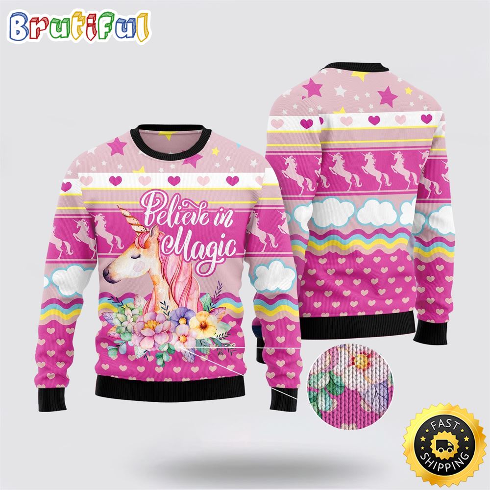 Unicorn Believe In Magic Ugly Christmas Sweater Perfect Gifts For Friends 1 fhq8uu