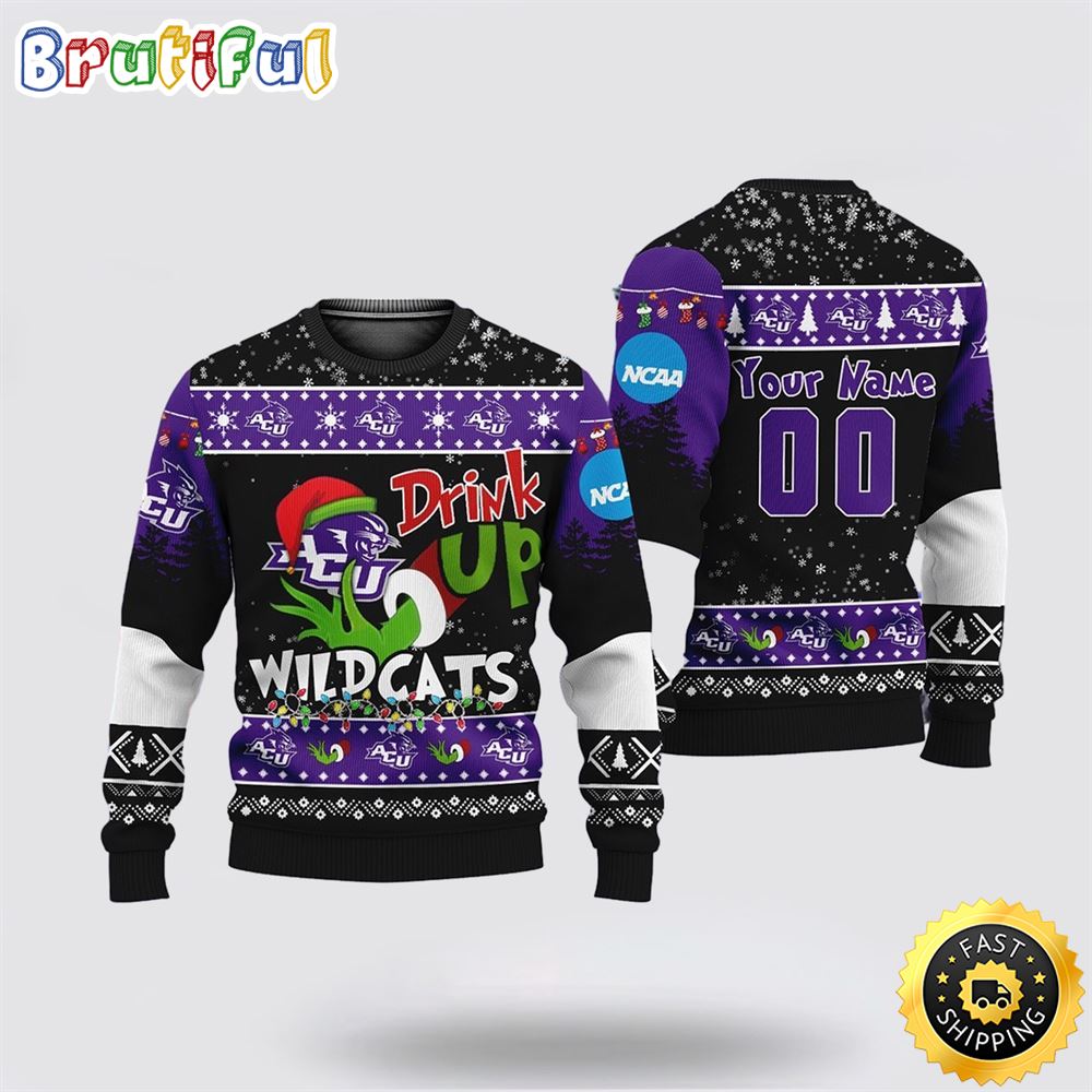 Custom NCAA Abilene Christian Wildcats Ugly Christmas Sweater Grinch Drink Up Christmas Gift For Football Fans 1 jsrr0o