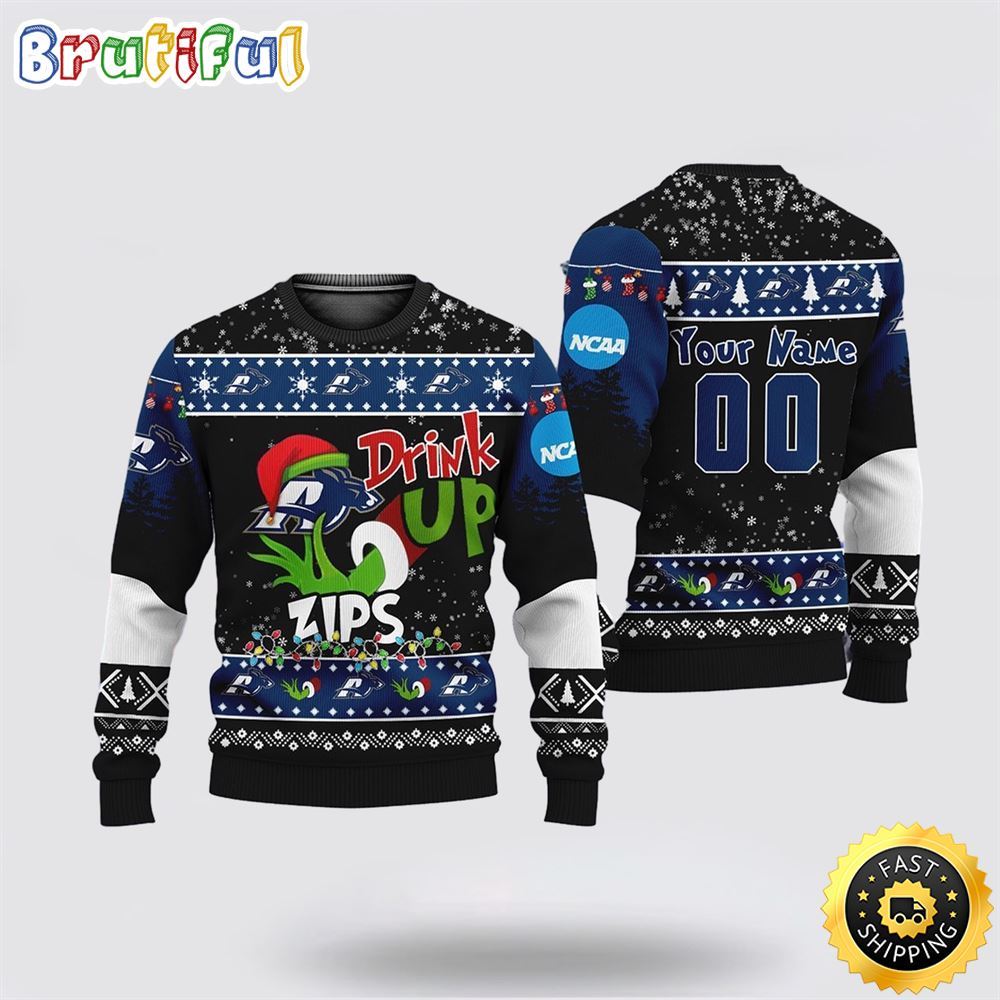 Custom NCAA Akron Zips Ugly Christmas Sweater Grinch Drink Up Christmas Gift For Football Fans 1 rhfyge