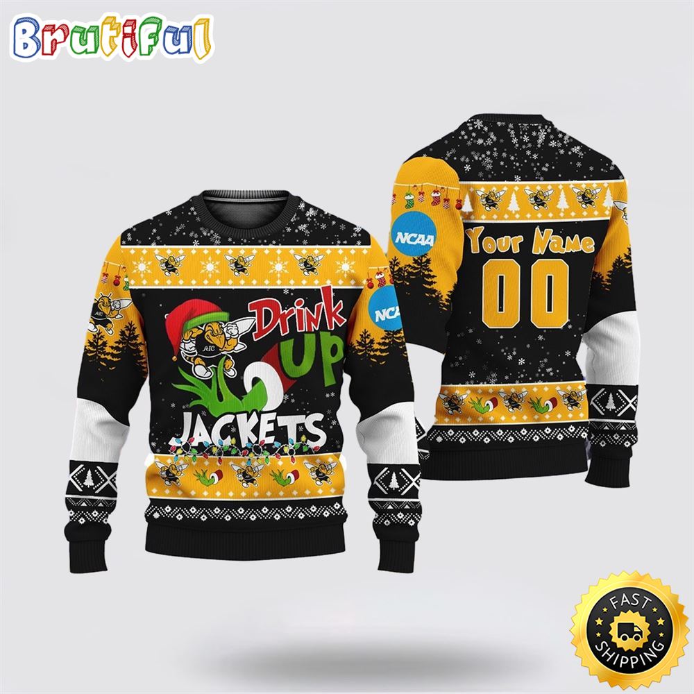Custom NCAA Georgia Tech Yellow Jackets Ugly Christmas Sweater Grinch Drink Up Christmas Gift For Football Fans 1 zez9yw