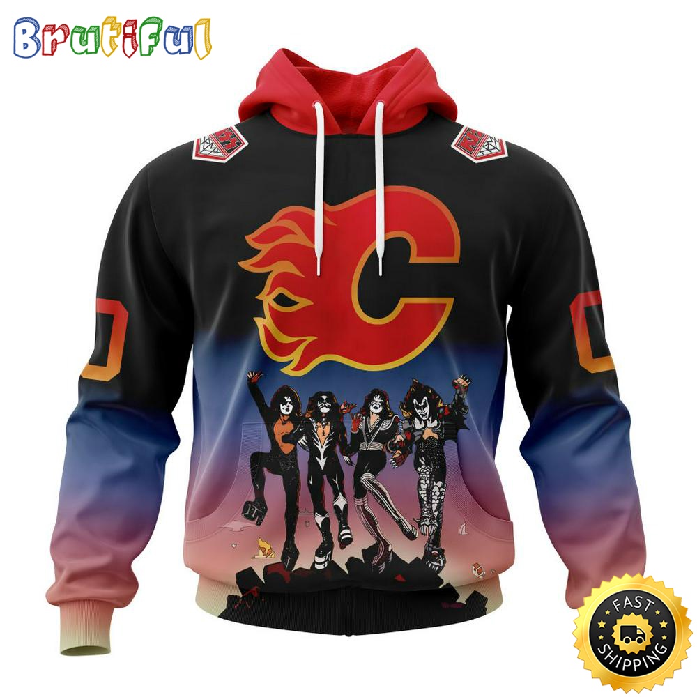 Customized NHL Calgary Flames Hoodie X KISS Band Design All Over Print 3D Hoodie Unisex Hoodie Tshirt 1 c9zvl7