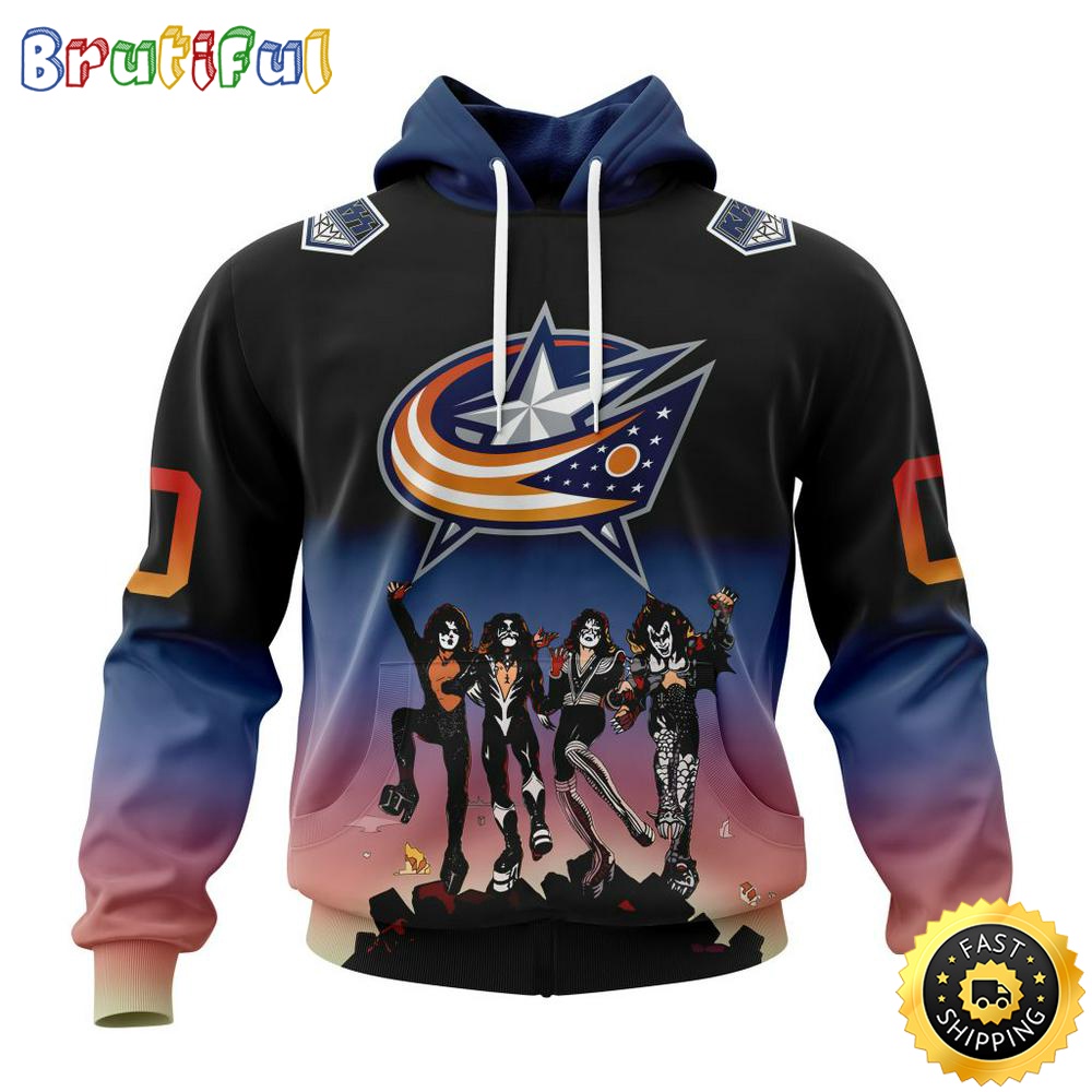 Customized NHL Columbus Blue Jackets Hoodie X KISS Band Design All Over Print 3D Hoodie Unisex Hoodie Tshirt 1 tz4us7