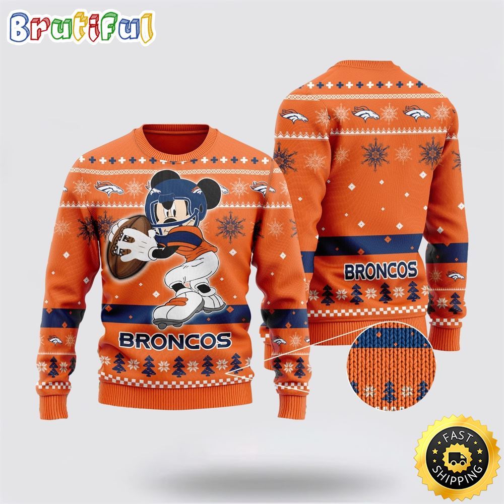 Denver Broncos Ugly Christmas Sweater Mickey Mouse The Decisive Throw Unisex Sweater 1 yo2efz