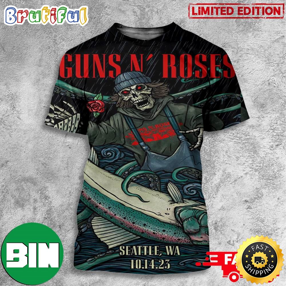 Guns N Roses American Tour 2023 Saturday October 14 Climate Pledge Arena Seattle WA Full Show Combine Skeleton Versus Kraken 3D T Shirt igpug6