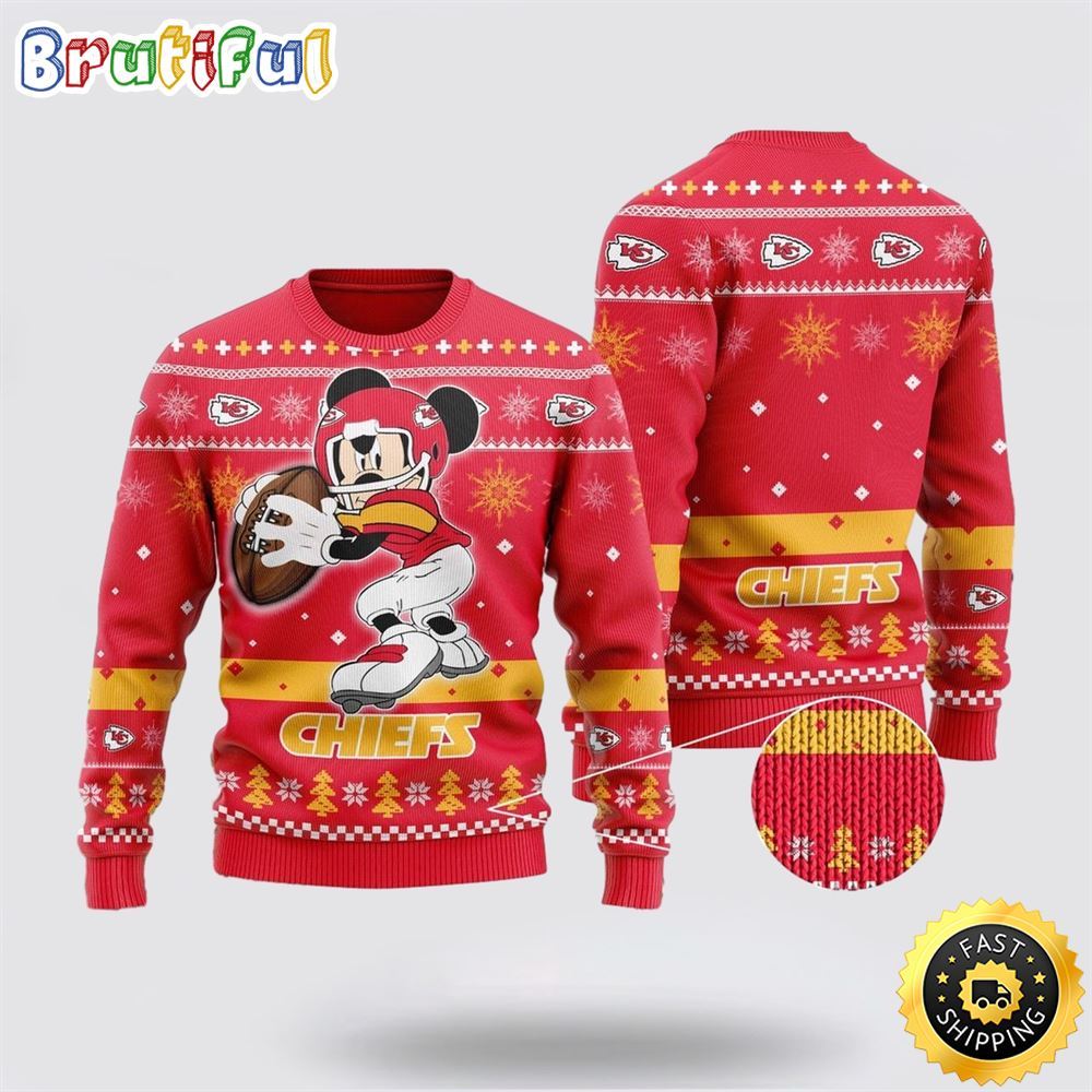 Kansas City Chiefs Ugly Christmas Sweater Mickey Mouse The Decisive Throw Unisex Sweater 1 etiags